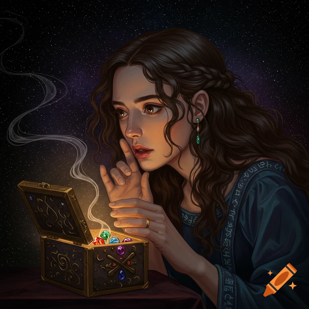 A woman looks intently into a glowing treasure chest overflowing with colorful gems against a starry sky.