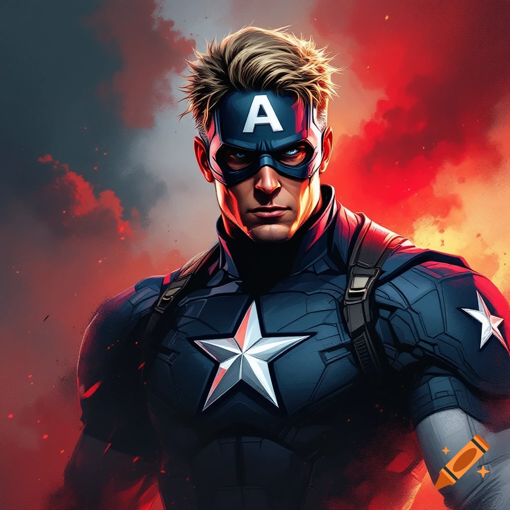An illustration portrait of Captain America against a stormy red background.