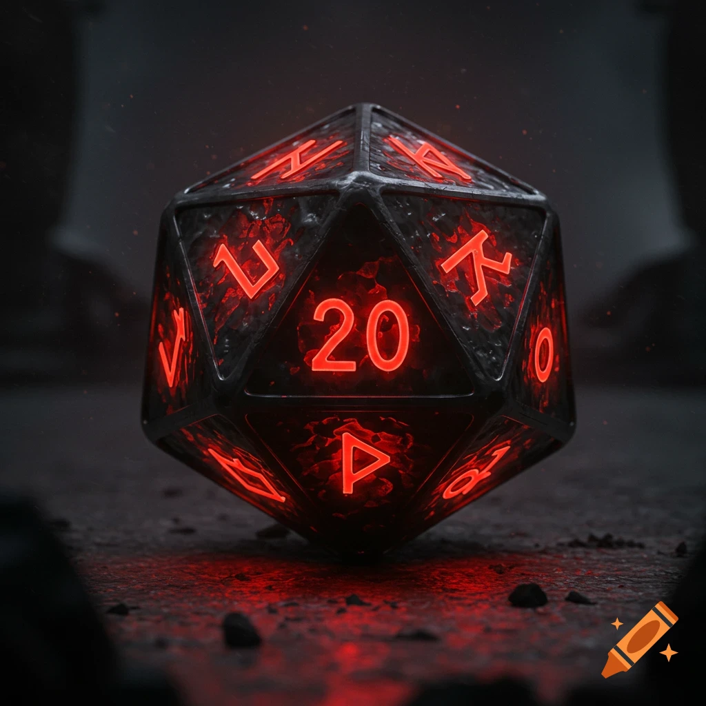 Close-up of a black metal d20 dice with glowing red numbers and symbols on a dark surface.