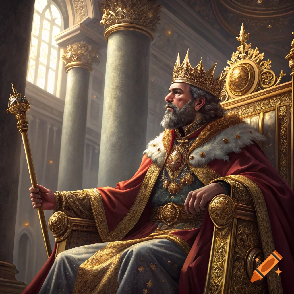 A king with a beard and crown sits on a golden throne in a grand hall, holding a scepter.