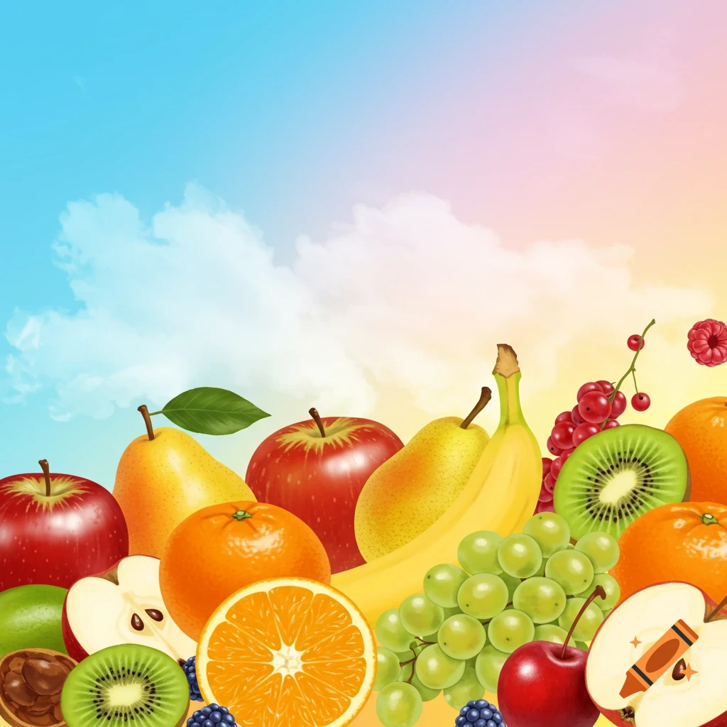 A collection of fruits including apples, oranges, banana, grapes, and berries against a colourful sky background.