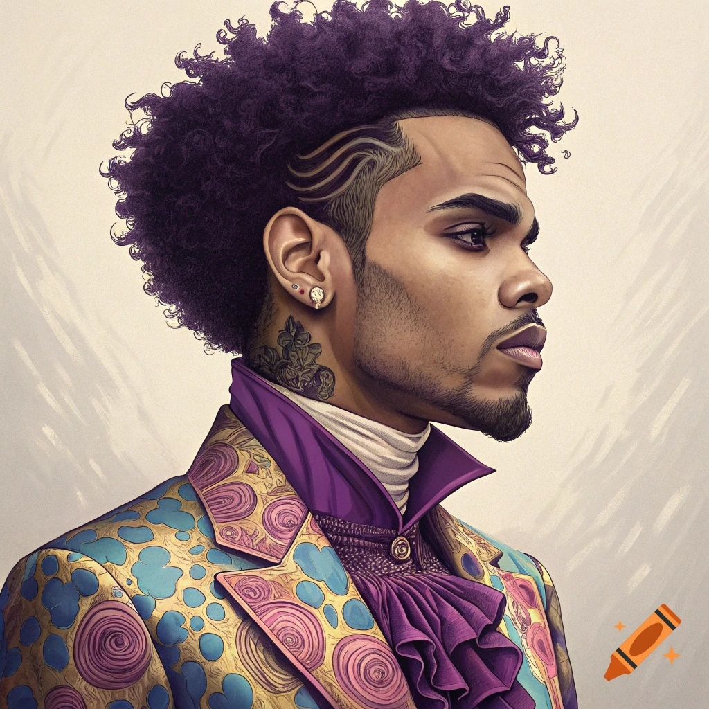 Stylized portrait of a man with purple hair wearing a colorful patterned jacket.