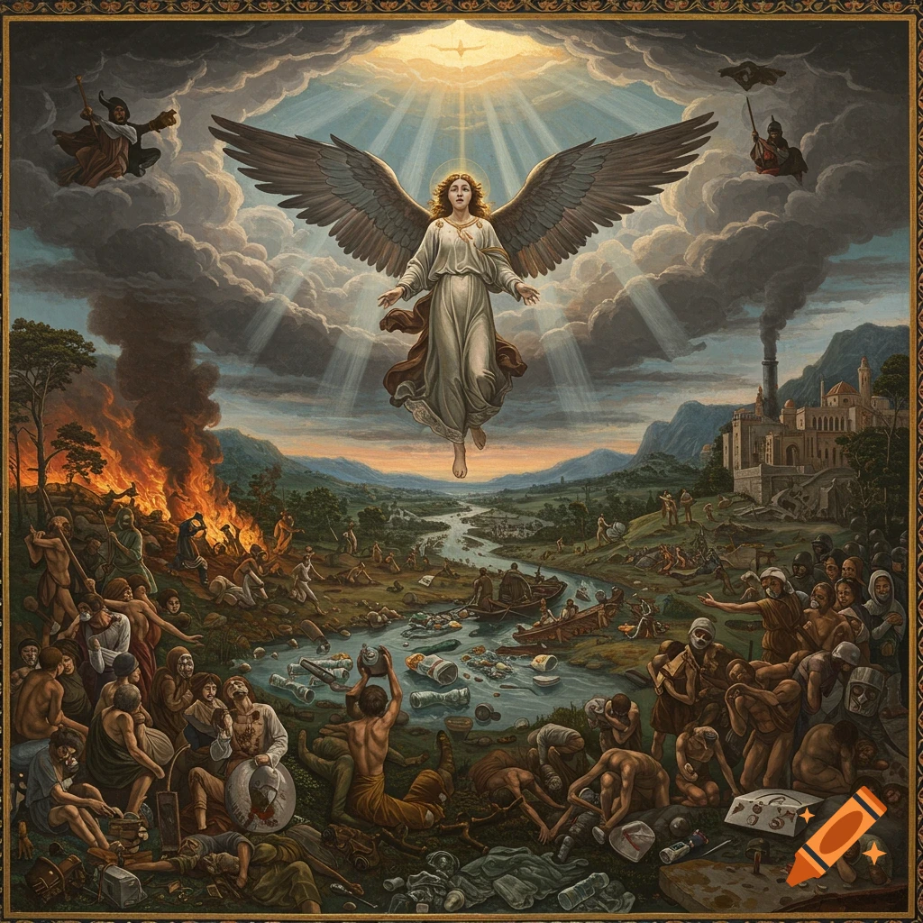 Angel overlooks a dramatic scene of human suffering, destruction, and environmental damage in a classical painting style.