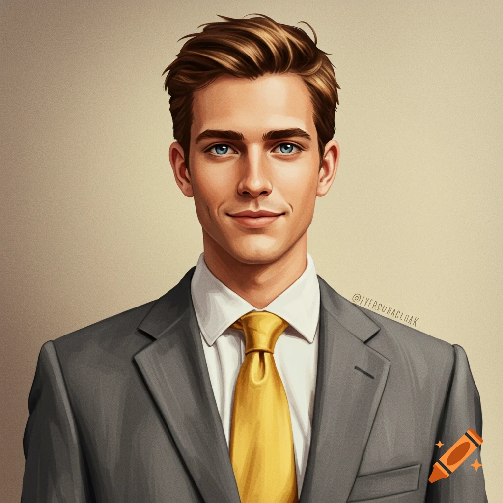 Portrait of a young man in a grey suit and yellow tie.