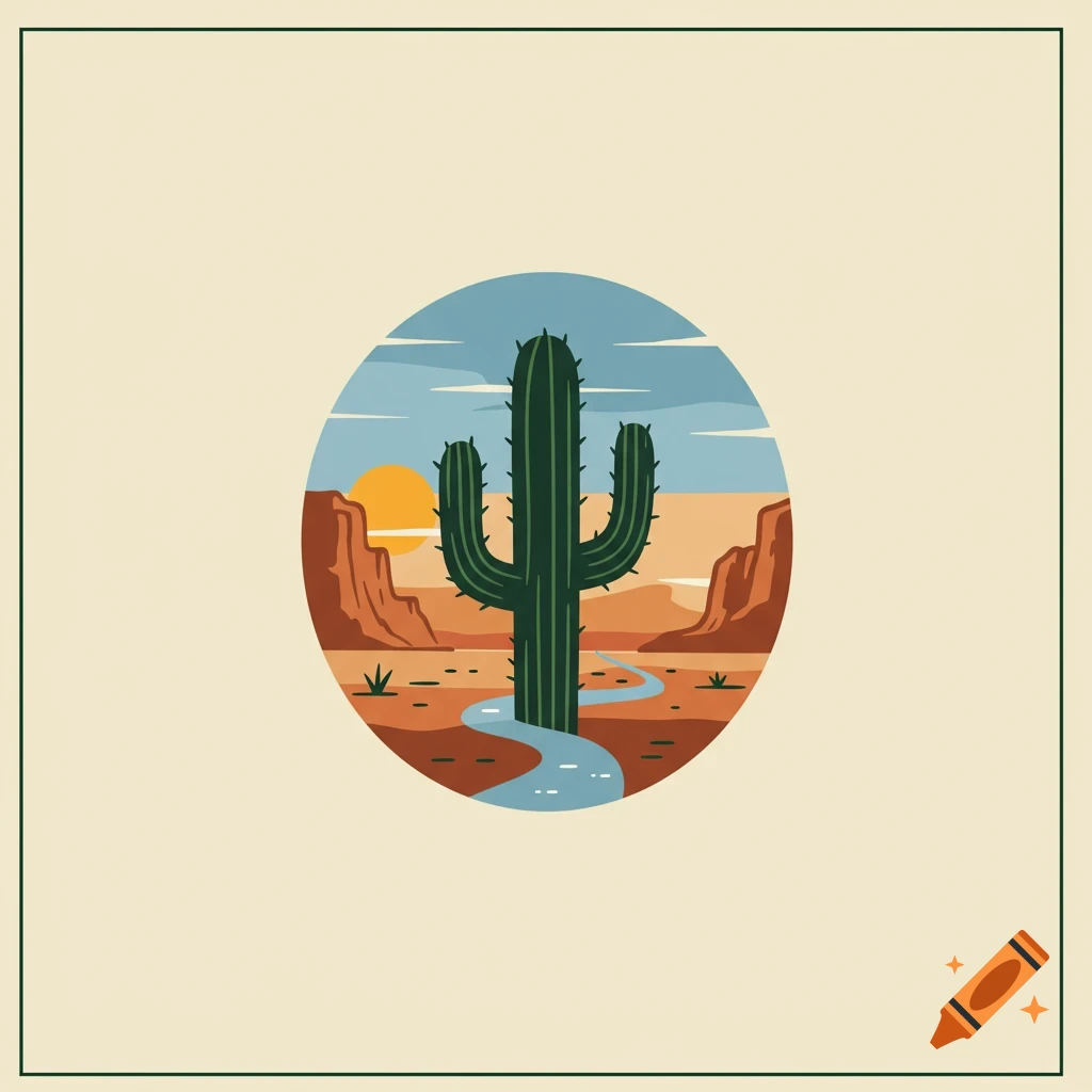 Stylized illustration of a cactus in a desert oasis scene within a circle frame.