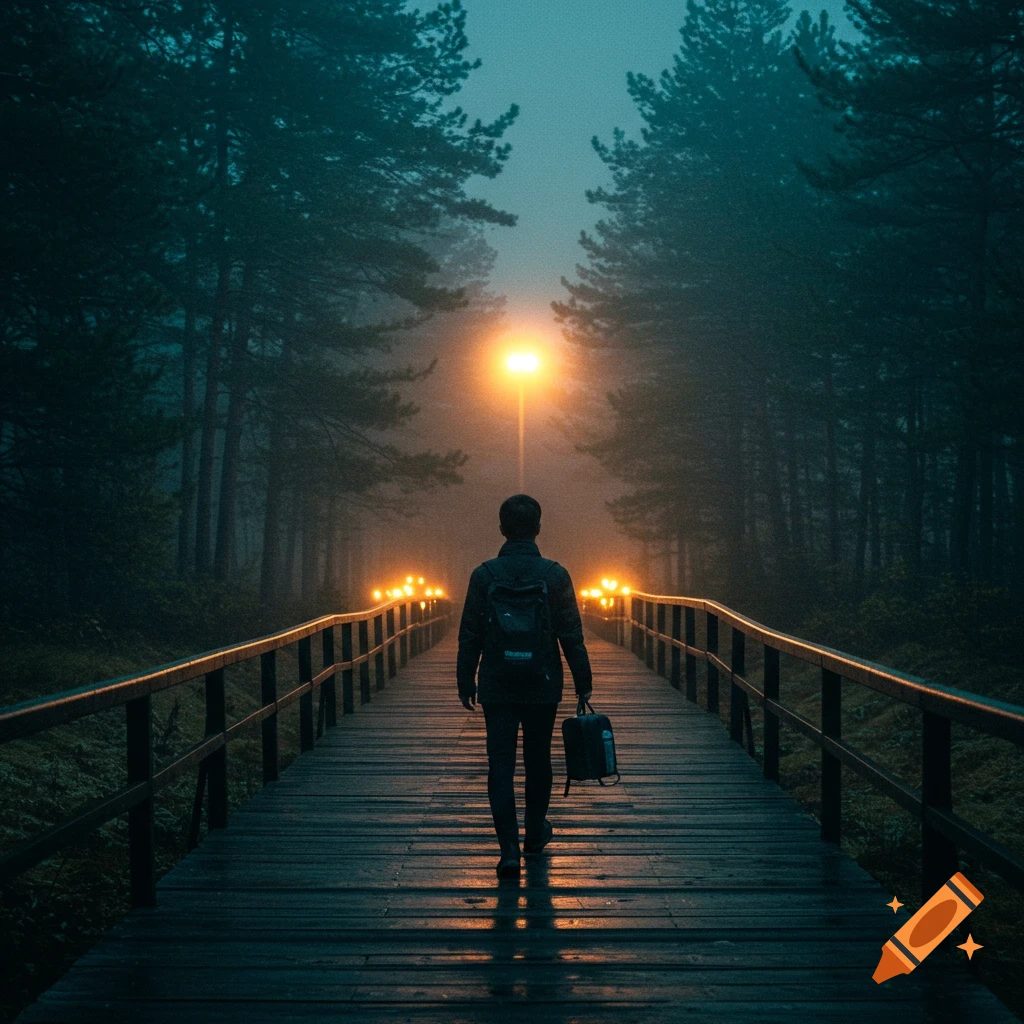 A person walks across a wooden bridge through a misty forest at night, lit by lamps.