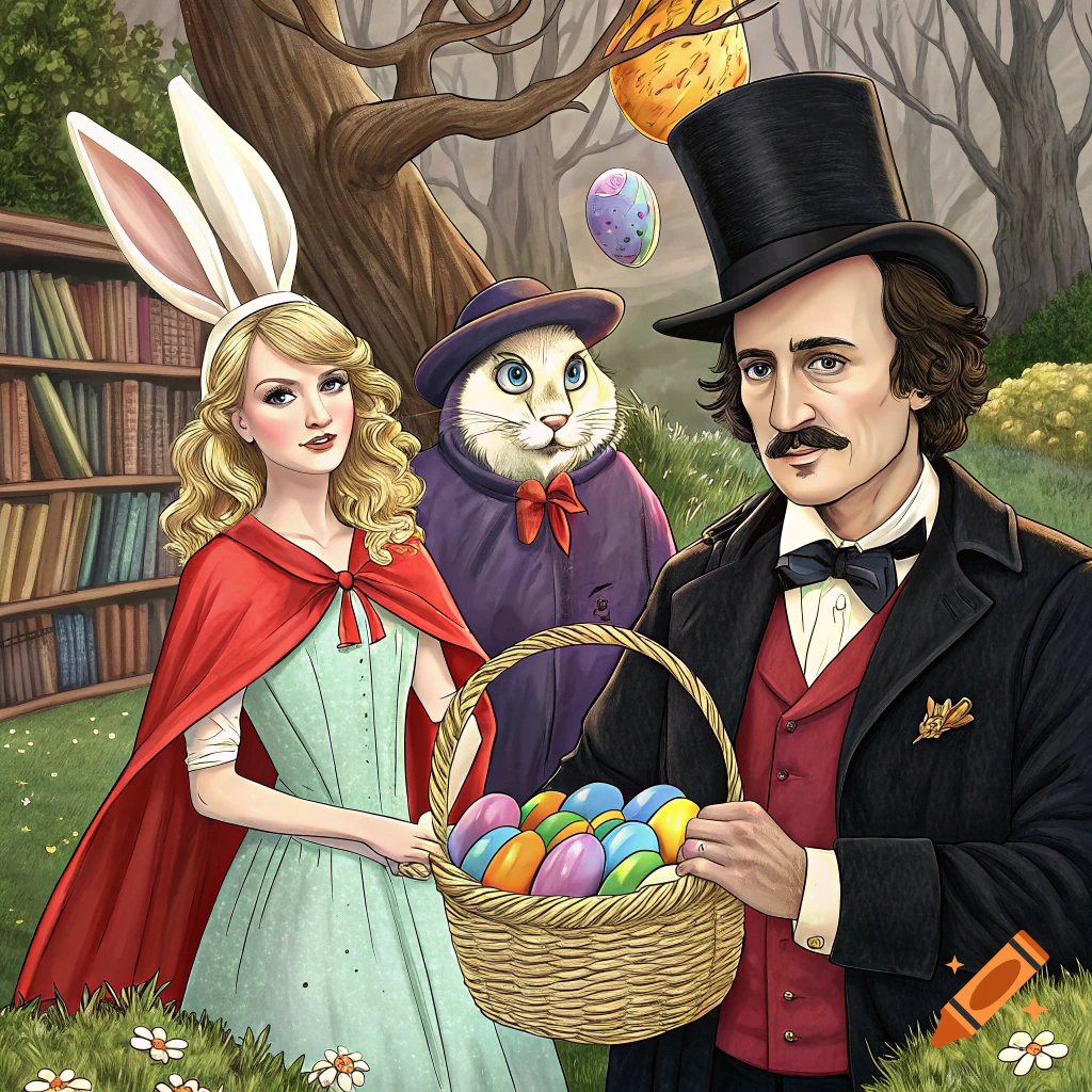 Taylor Swift and Edgar Allan Poe with a cat dressed as the Easter Bunny holding a basket of eggs in a forest.