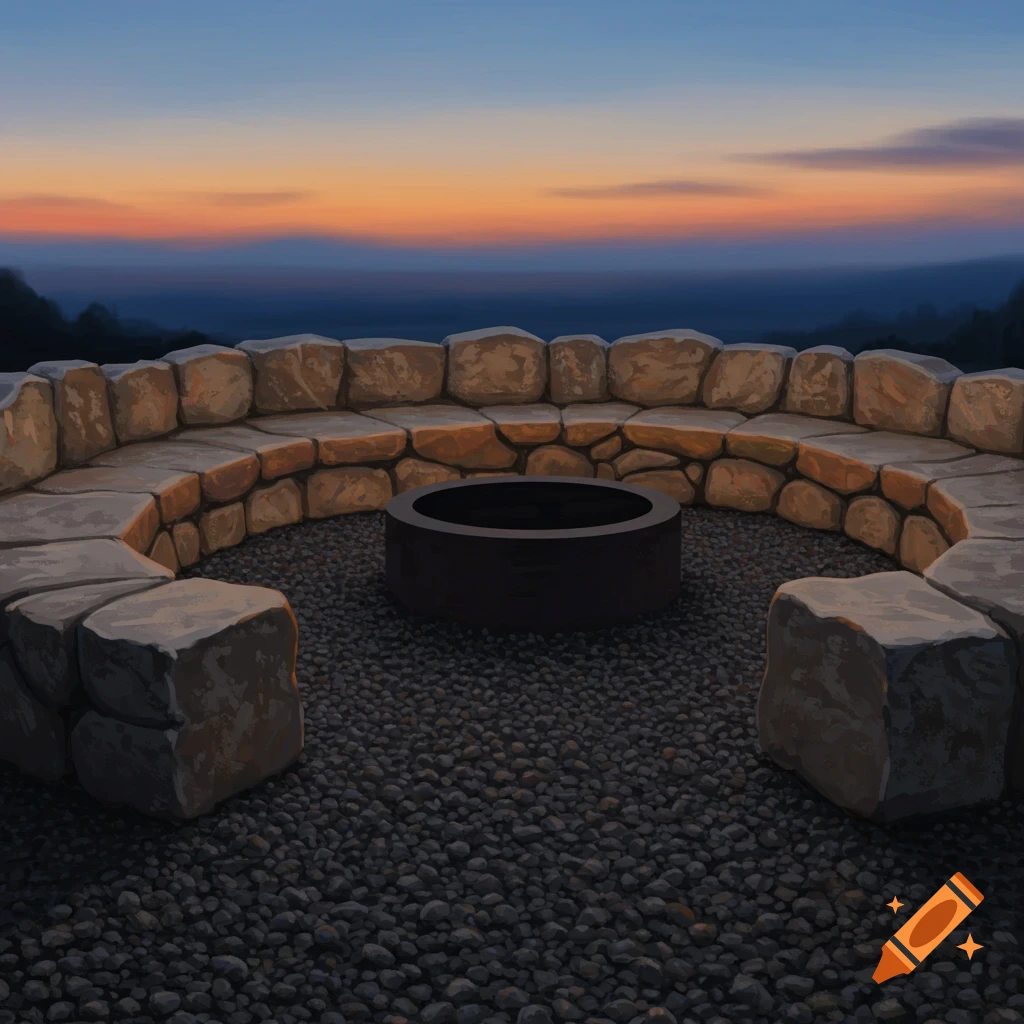 A stone fire pit seating area with gravel ground under a sunset sky.