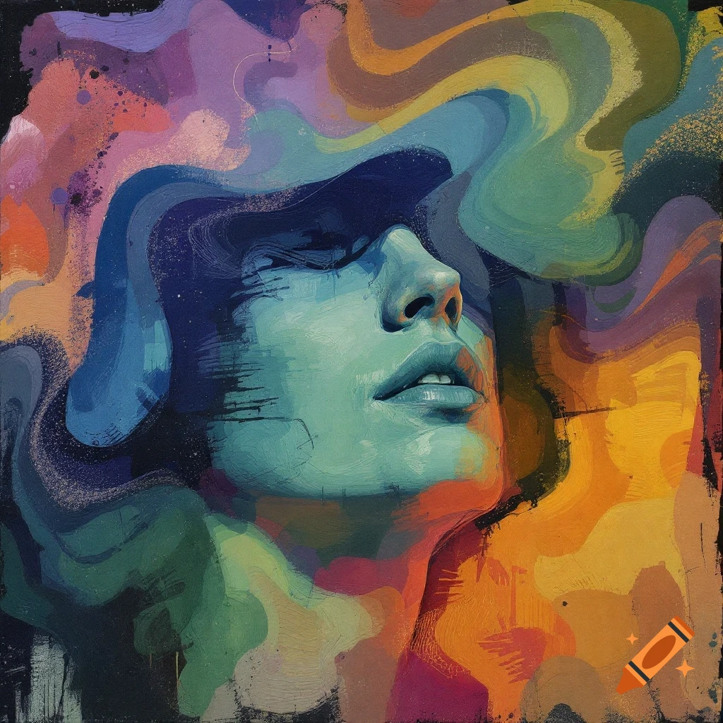 Painterly portrait of a face looking up with colorful abstract swirls.
