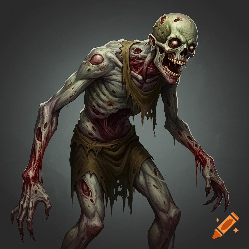 Illustration of a gaunt zombie creature with rotting flesh, exposed ribs, glowing eyes, and ragged clothing.