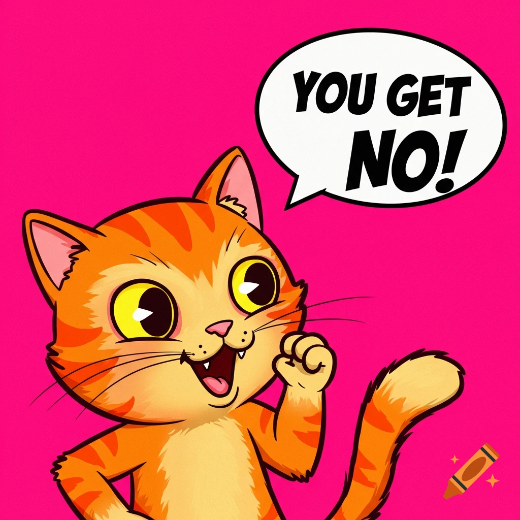 Cartoon orange cat with big eyes says YOU GET NO! in a speech bubble.