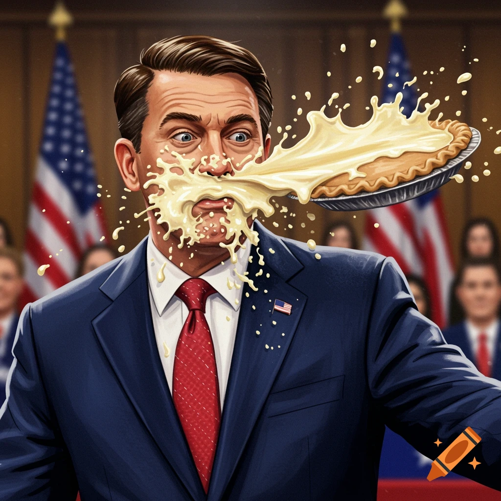 Illustration of a man in a suit hit in the face with a pie.
