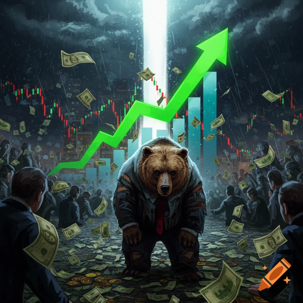 Illustration of a bear in a suit amidst raining money, a rising stock chart, and a crowd.