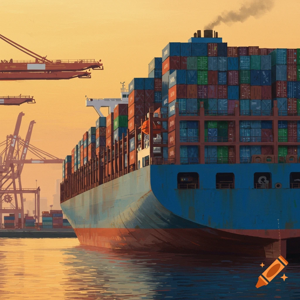 Container ship loaded with cargo containers docked in a harbor with cranes, stylized painting.