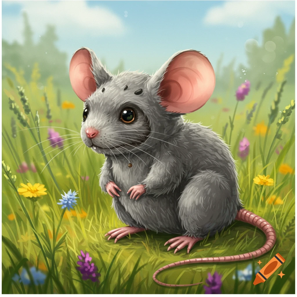 A cute gray mouse sits in a field of colorful wildflowers under a blue sky in an illustration.