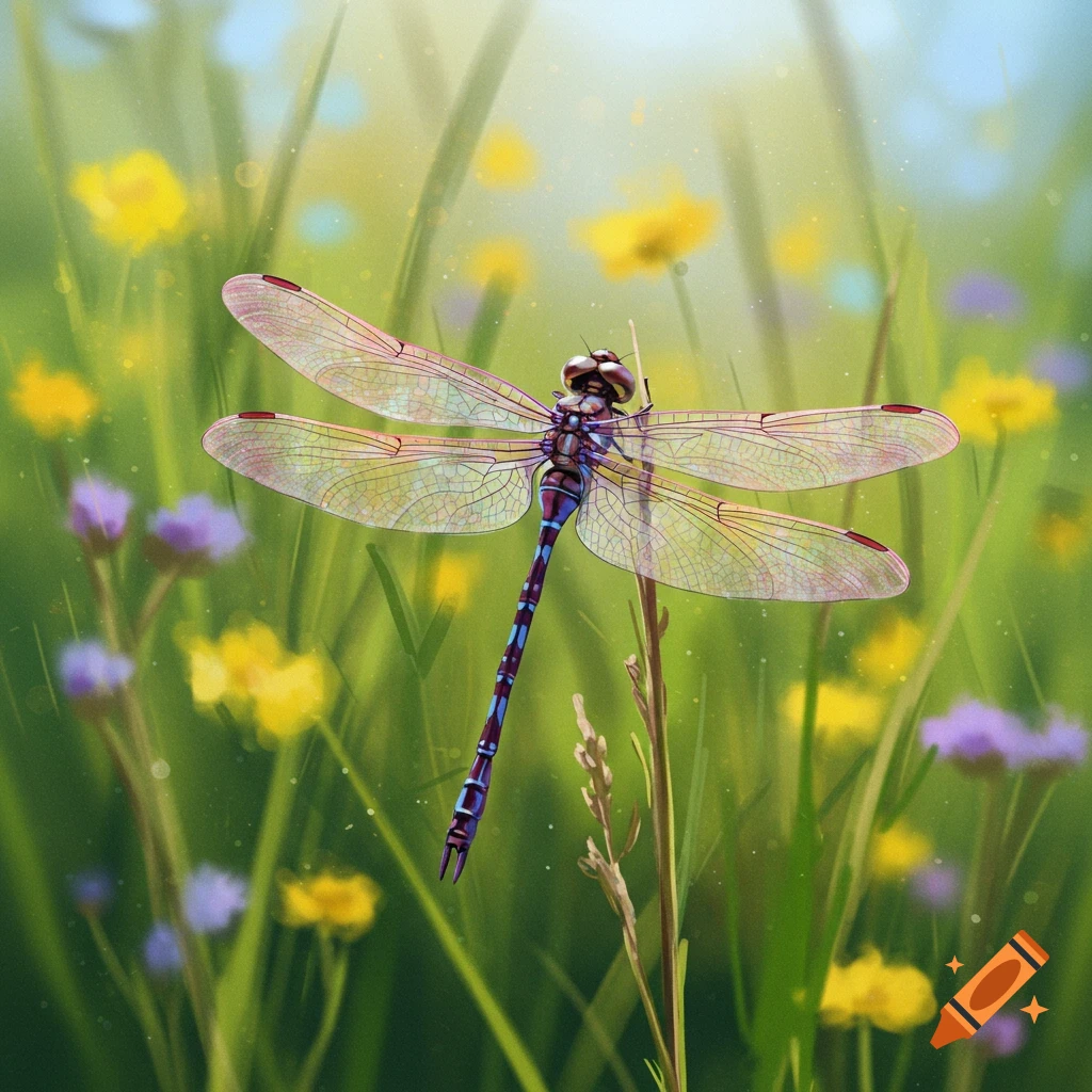 An impressionistic illustration of a blue and purple dragonfly perched on a stem in a field of yellow and purple flowers.