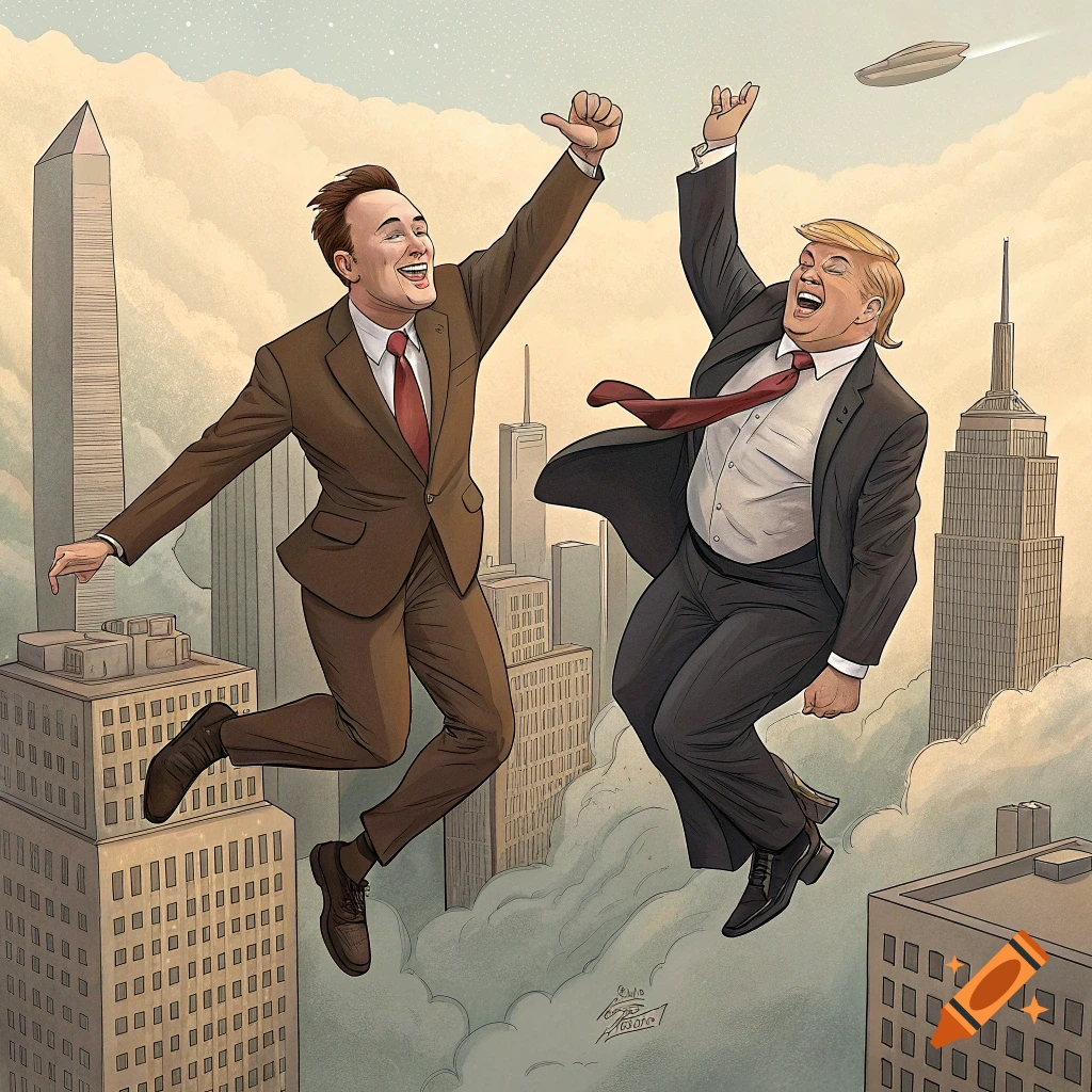 Illustration of Donald Trump and Elon Musk floating above a cityscape.