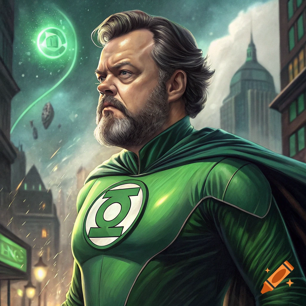 Portrait of a man resembling Orson Welles dressed as Green Lantern in a city landscape