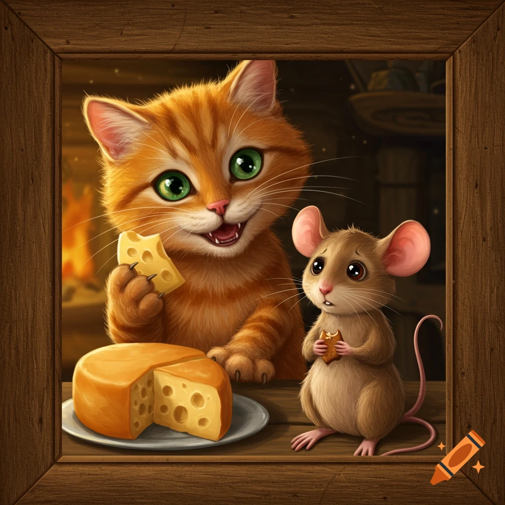 A cartoon cat and mouse share cheese and a biscuit on a table.