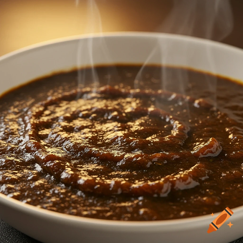 Close-up photorealistic shot of steaming gravy in a white bowl