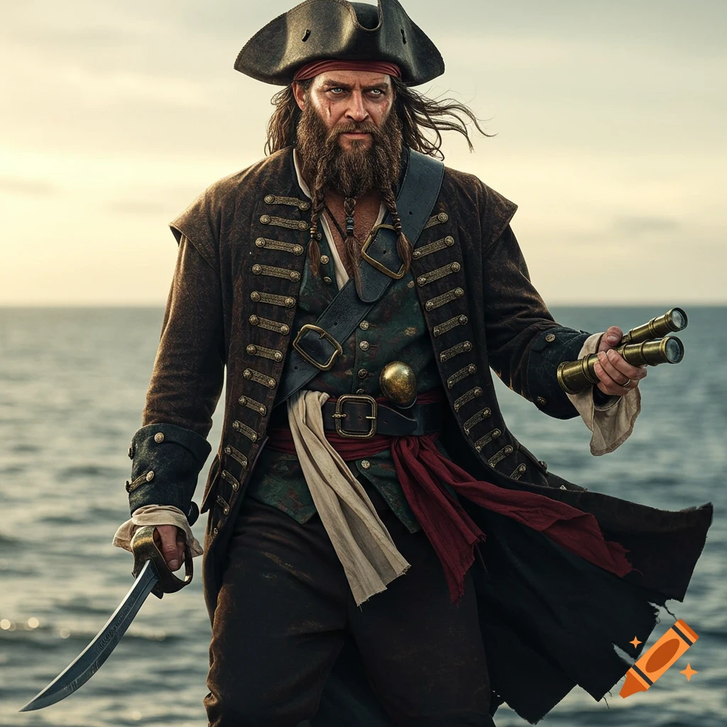 Photorealistic portrait of a pirate standing by the ocean holding a sword and spyglass.