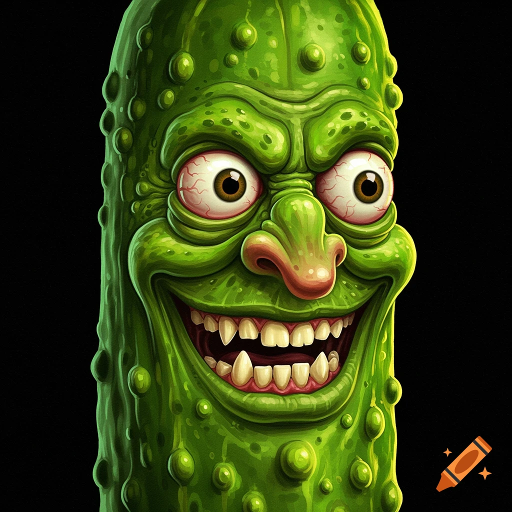 Close-up of a cartoonish green pickle with a grotesque face, wide grin, and bloodshot eyes.
