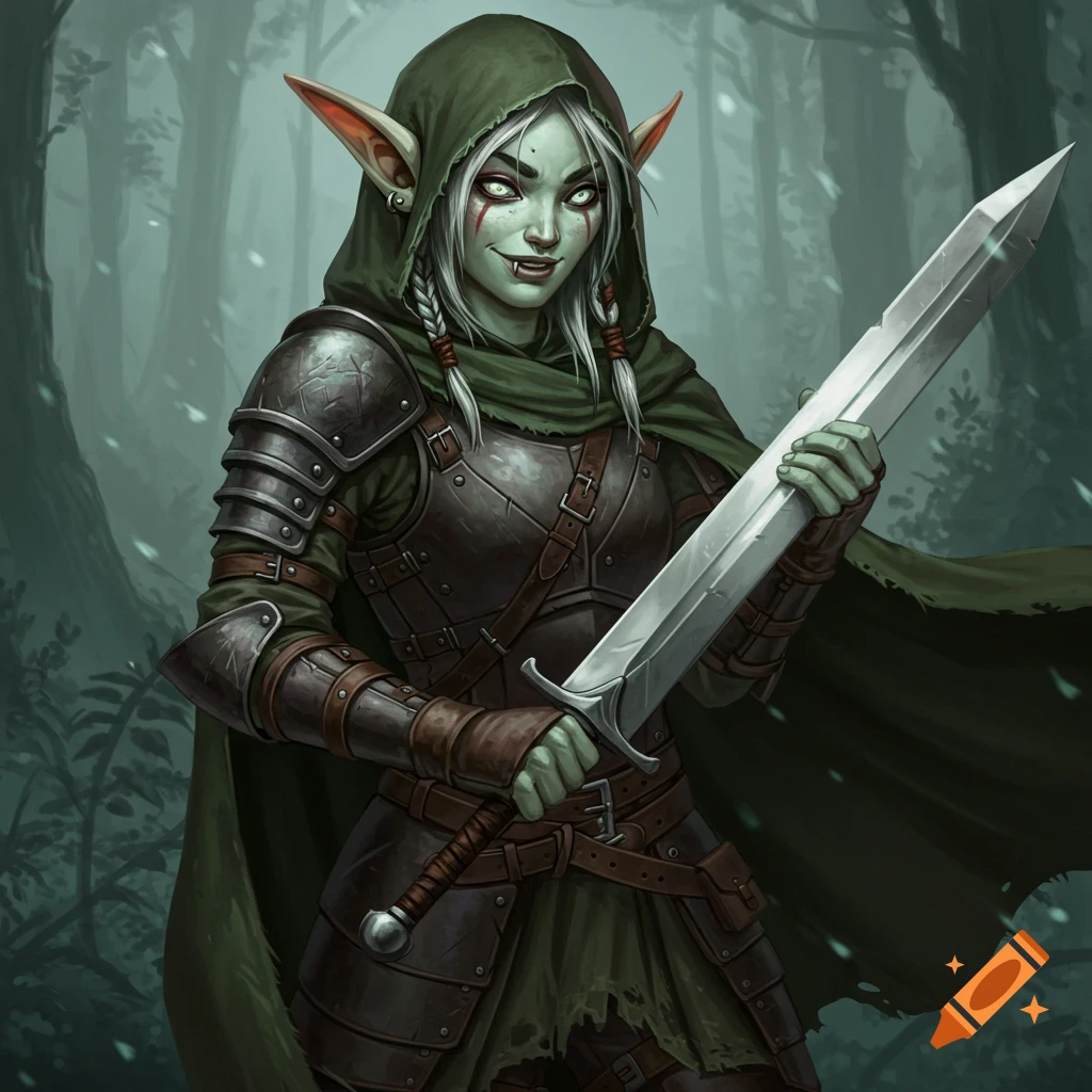 A fantasy female warrior with elven and goblin features in armour and a cloak, holding a sword in a forest.