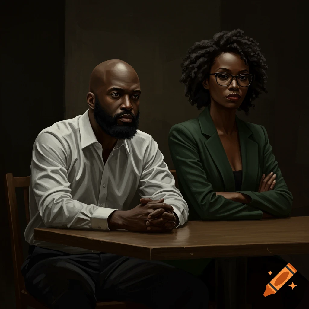Realistic painting of a serious Black man and woman sitting at a table.