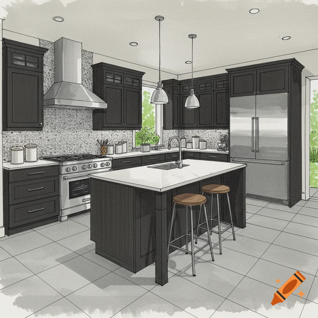 Architectural sketch of a modern kitchen with dark cabinets, a large island, stainless steel appliances, and bar stools.