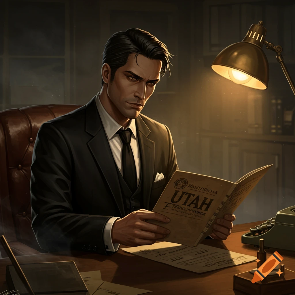 Illustration of a man in a suit reading a book at a desk under a lamp in a noir style.