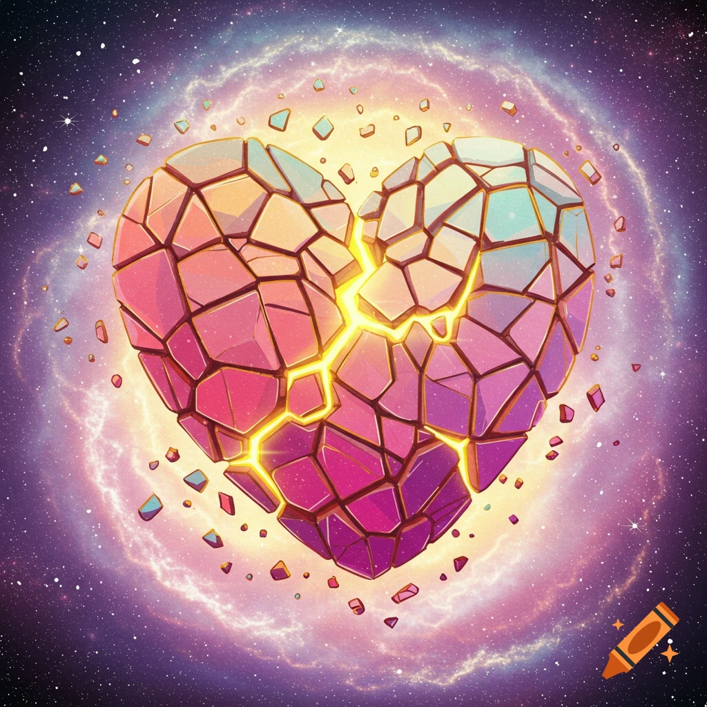 A geometric, fractured heart glows in the center of a nebula in space, surrounded by floating pieces.