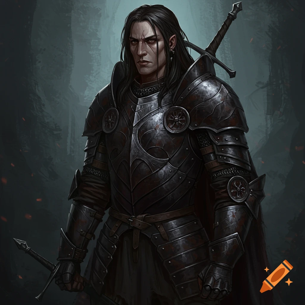 A male fantasy warrior in ornate dark armor holds a sword in a dark forest setting.
