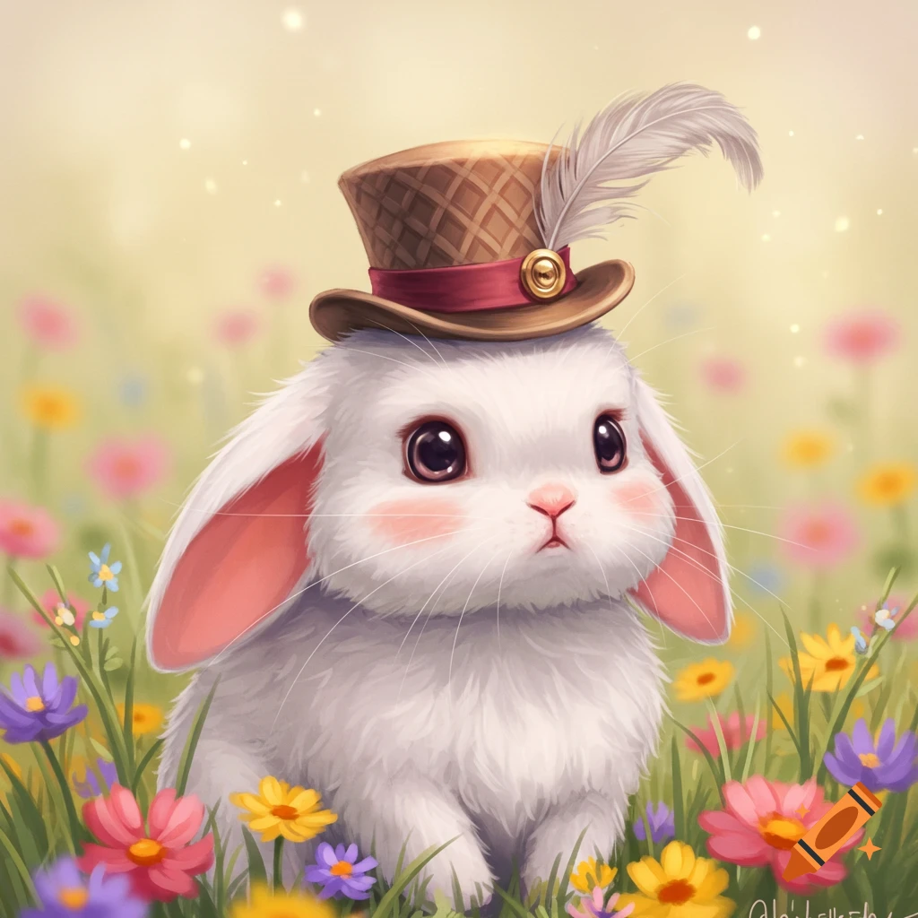 Cute illustrated white rabbit wearing a top hat with a feather, sitting among colorful flowers.