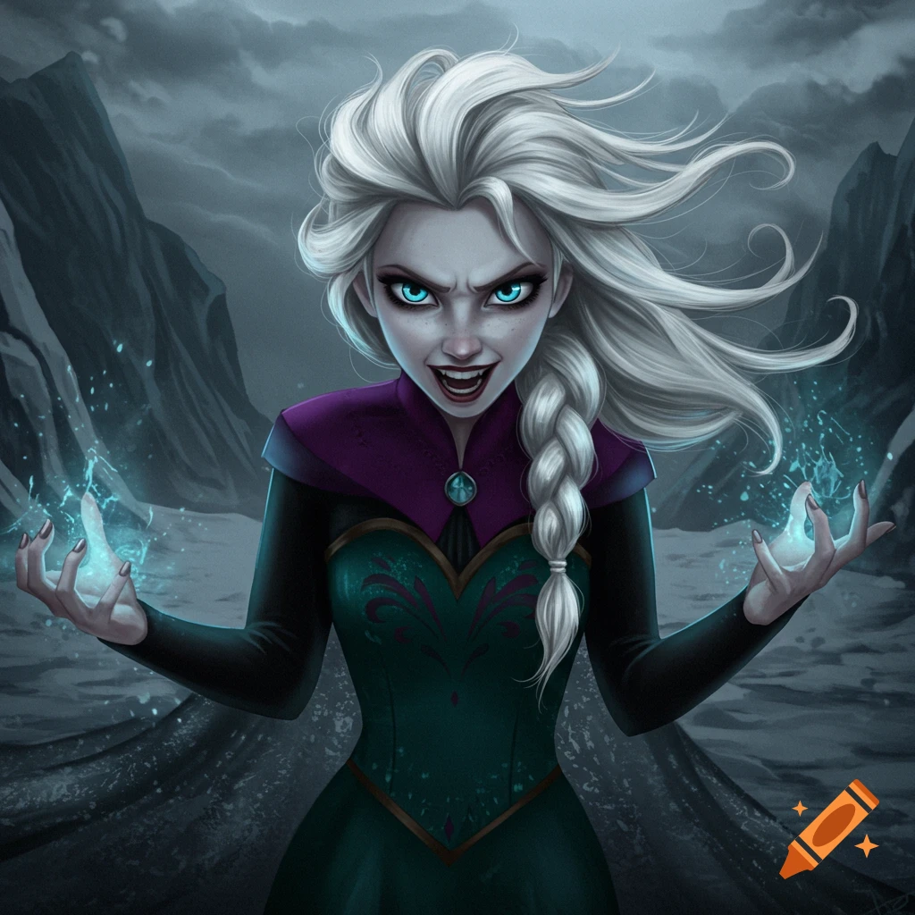 An illustration of an evil Elsa casting ice magic with an angry expression.
