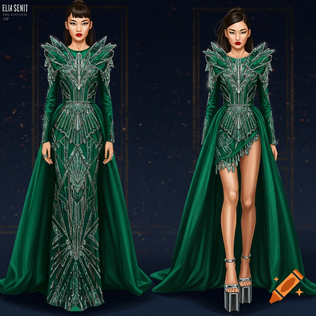 Illustration of two figures modeling elaborate green and silver art deco style dresses.