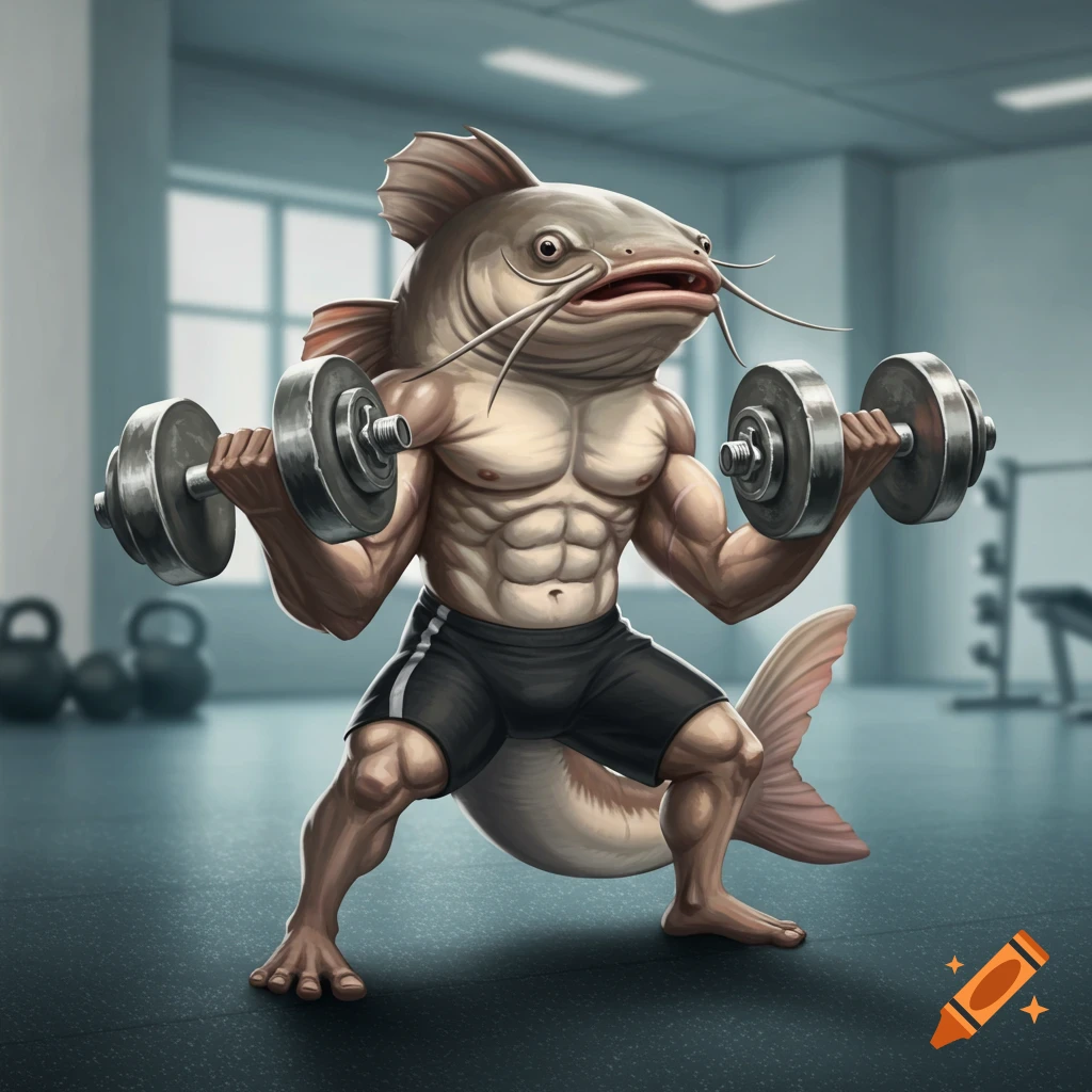 A muscular catfish lifts dumbbells in a gym.