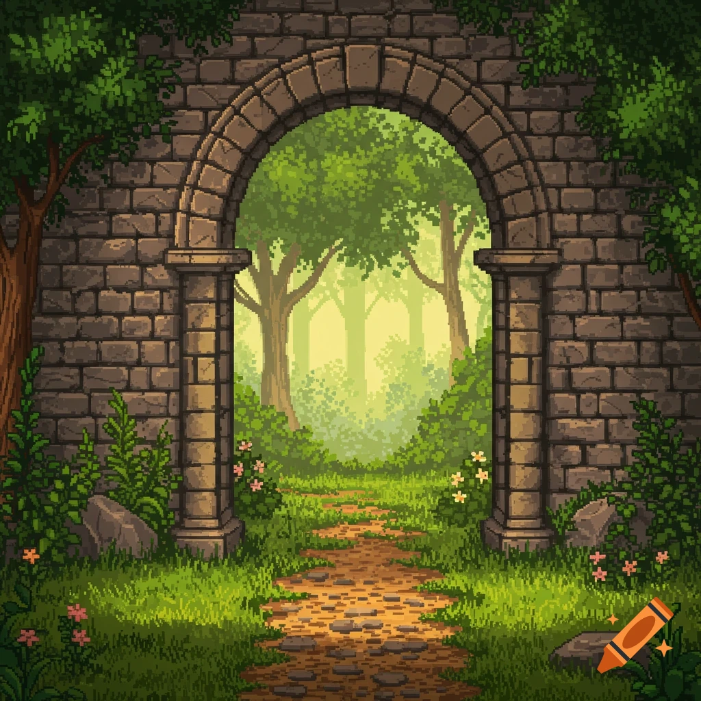 16-bit pixel art of a stone archway overlooking a forest path.