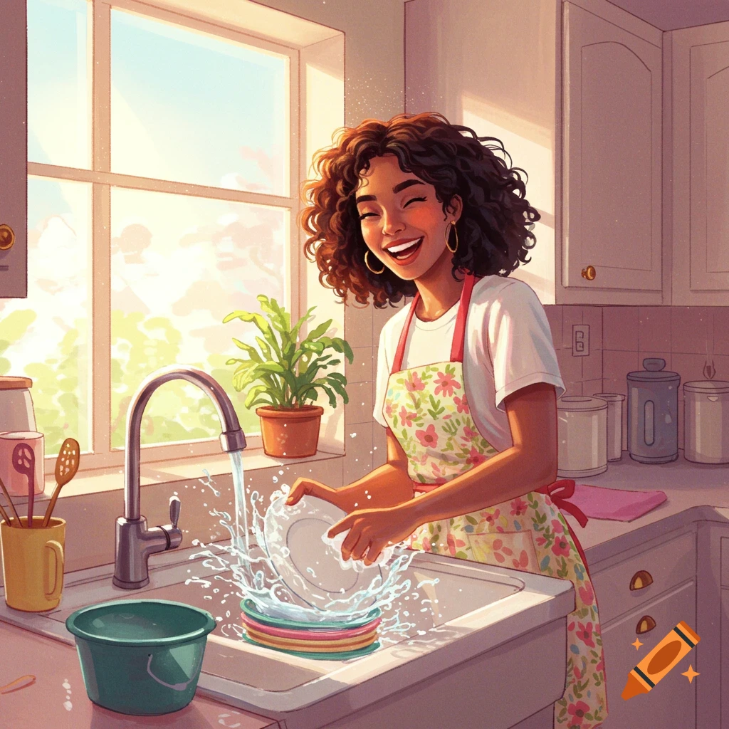 An illustration of a smiling woman with curly hair washing dishes in a bright kitchen.