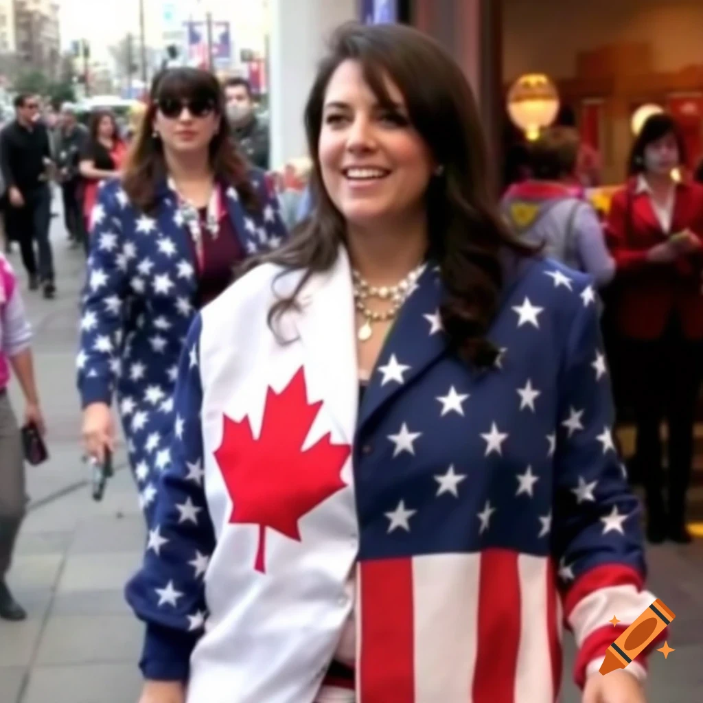 A woman wears a jacket split between the Canadian and American flags while walking on a sidewalk.