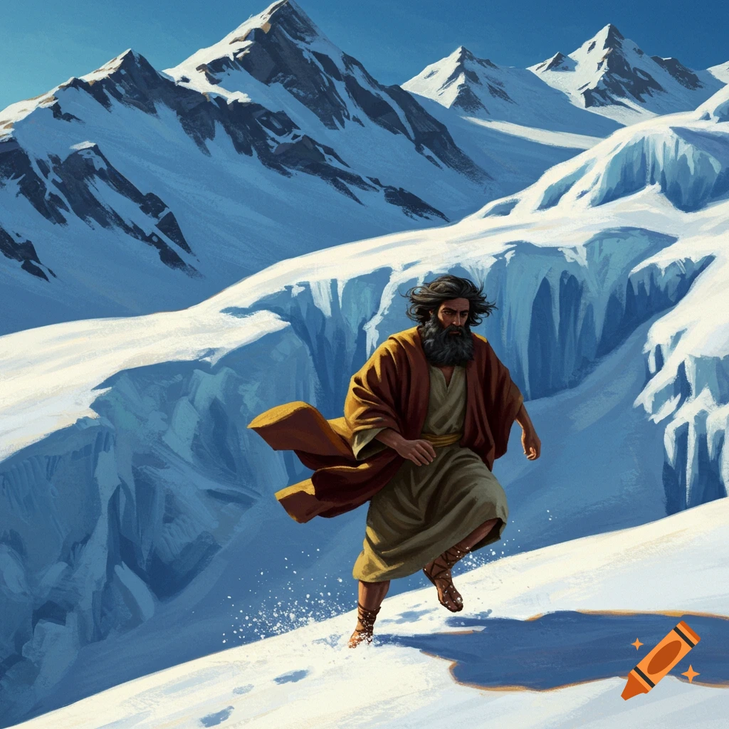 A man resembling Moses runs uphill through deep snow in a mountain range.
