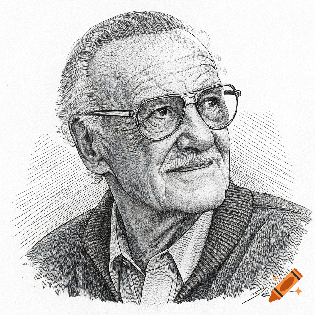 Pen and ink hatched sketch of Stan Lee looking sideways