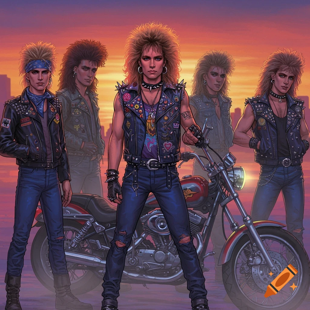 Group of men in 80s glam rock/biker style standing with a motorcycle at sunset.