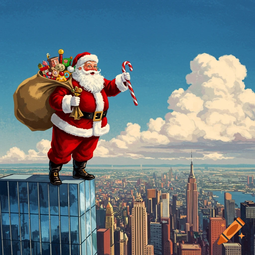 Santa Claus stands on top of a skyscraper holding a candy cane and a toy sack, overlooking a city skyline.