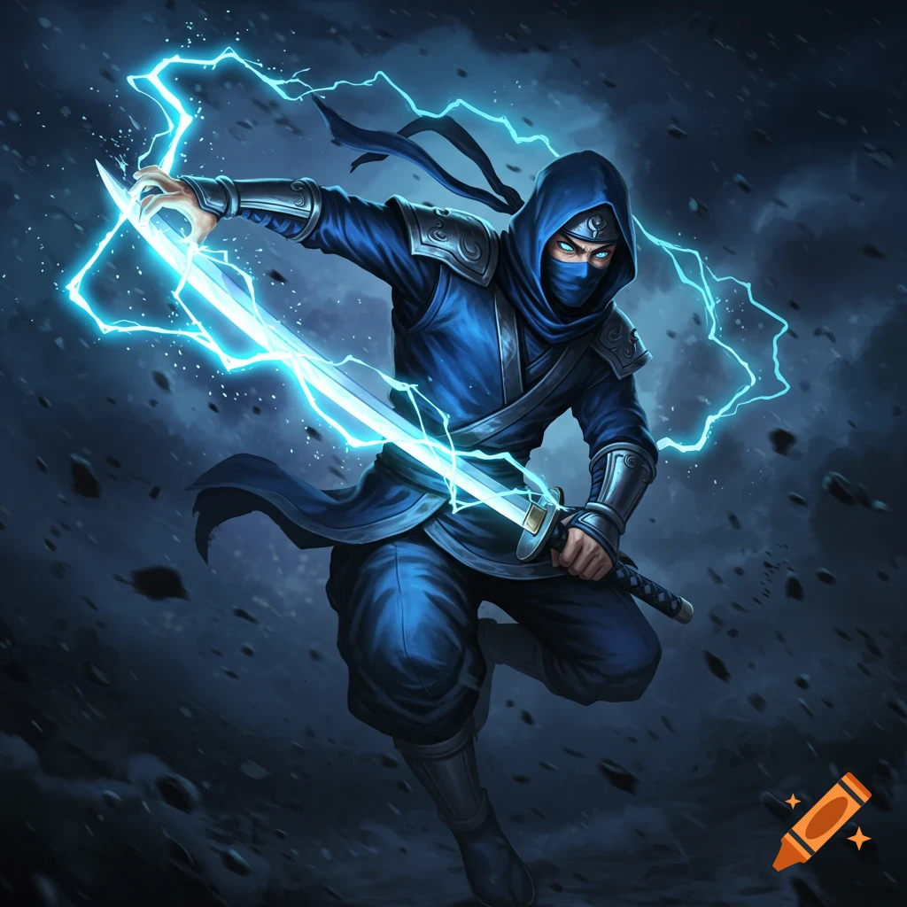 A blue ninja leaps with a glowing lightning katana and electricity arcing around it, against a stormy background.