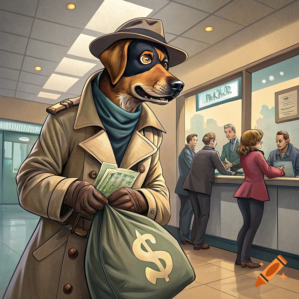 A dog in a trench coat, hat, and mask holds money and a dollar sign bag in a bank lobby.