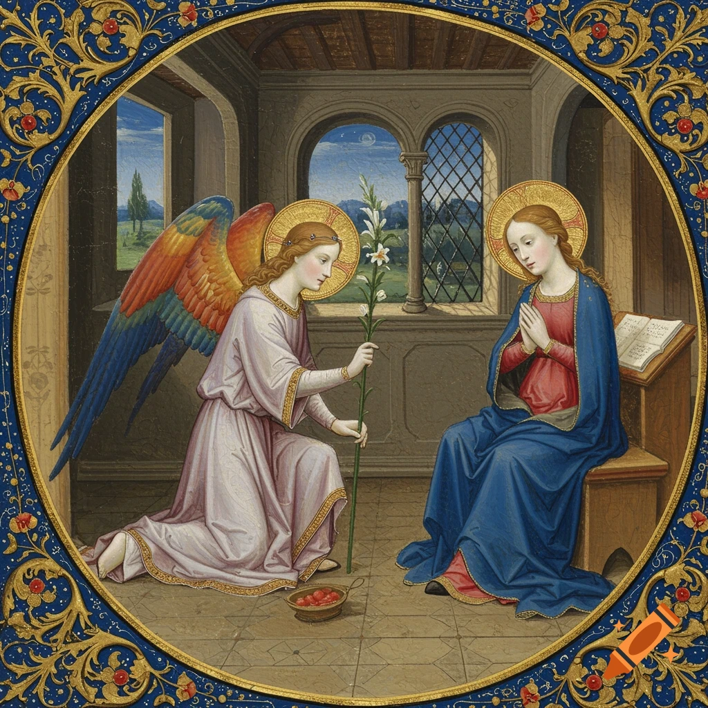 An angel kneels before Mary in an illuminated manuscript style painting.