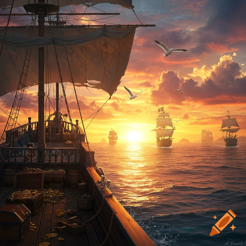 View from a pirate ship deck looking at other ships sailing into a golden ocean sunset with treasure and seagulls.