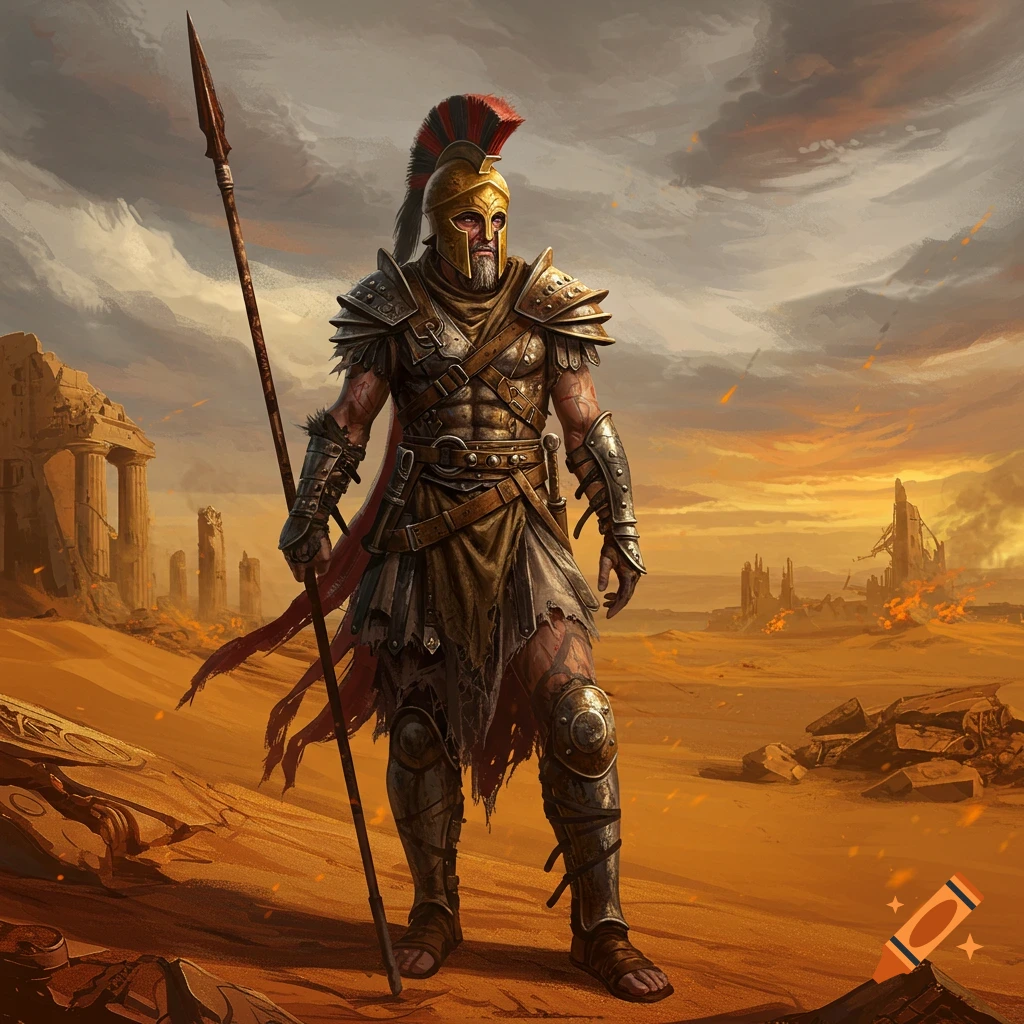 A Greek-themed warrior stands in a desolate, apocalyptic desert landscape with ruins.