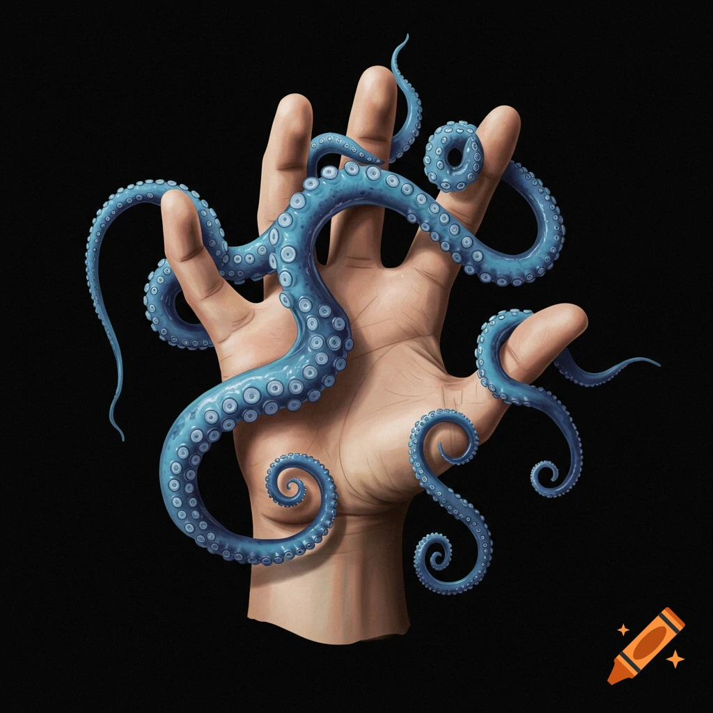 A human hand with blue octopus tentacles instead of fingers against a black background.