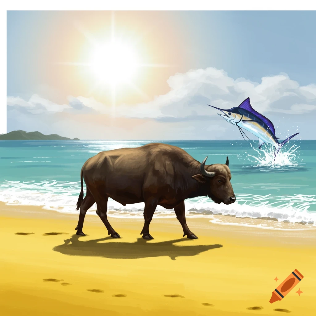A buffalo walks on a yellow sand beach while a marlin jumps from the ocean under a bright sun. Illustration.